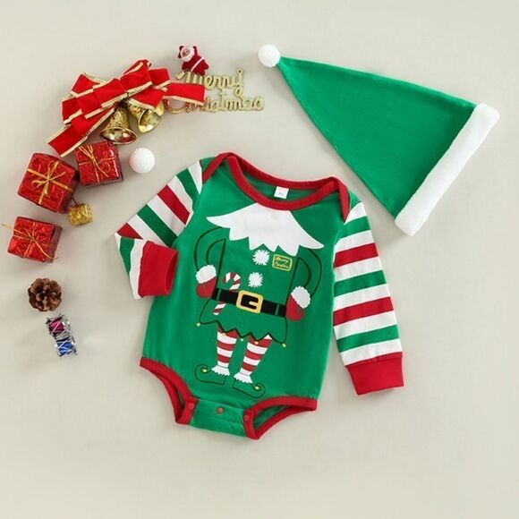 NWT Baby Elf Suit Romper Set and Santa Hat - Picture 2 of 12